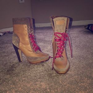 Tan booties with red strings